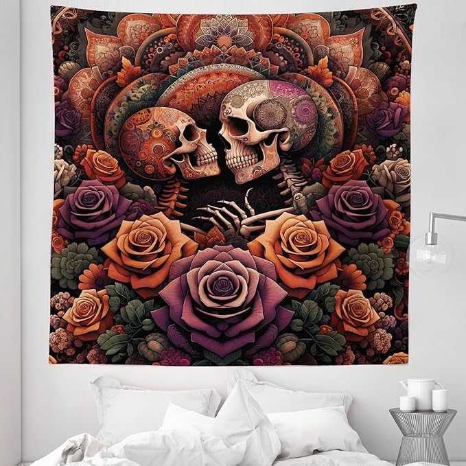 Ambesonne Hippie Tapestry Queen Size, Mystic Rose Flowers and Oriental Mandala Skeleton Lovers Goth Art Skulls, Wall Hanging Bedspread Bed Cover Wall Decor, 88" X 88", Vermilion Dark Magenta