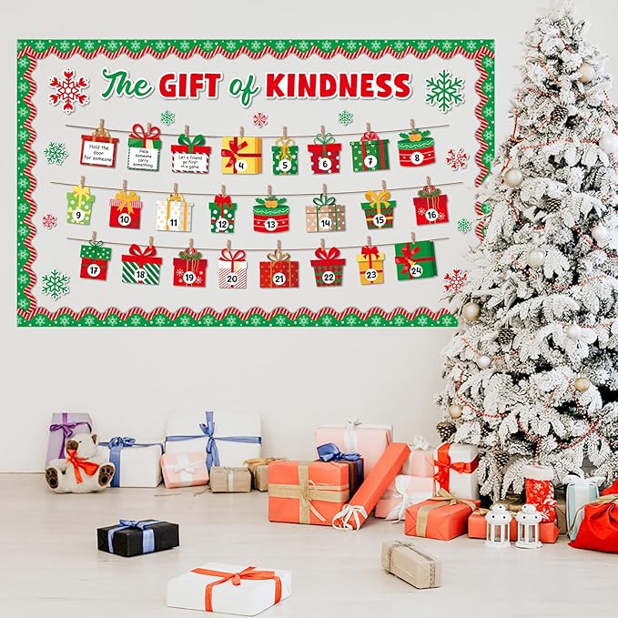 Christmas Bulletin Board Set Christmas Kindness Classroom Decoration Winter Snowflake Cutouts Xmas Countdown Gift Box Bulletin Board for Holiday School Chalkboard Xmas Party Wall Door Decor Supplies
