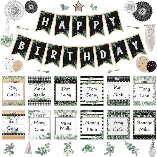 48 Pcs Classroom Happy Birthday Bulletin Board Sets Decorations, Eucalyptus Greenery Plant Birthday Classroom Decor, Nature Birthday Chart Poster Wall Classroom Themes Decoration Cutouts Sets Bundle