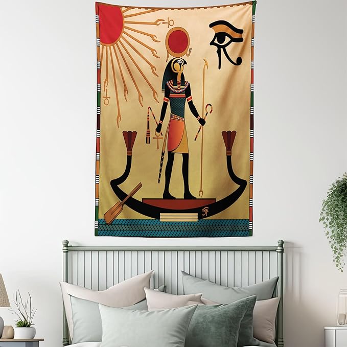 Ambesonne Egyptian Print Tapestry, Sun Old Egyptian Timeless Grace Antique Tradition Illustration, Wall Hanging for Bedroom Living Room Dorm Decor, 60" X 80", Cream Red