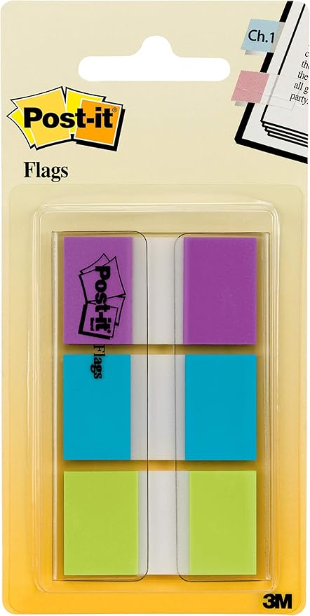 Post-it Flags, 0.94 in. x 1.7 in., One Dispenser with 20-Count Sticky Tabs in Purple, Blue and Green (60 Flags Total), Removable Page Markers for Planners, Journals, and Calendars