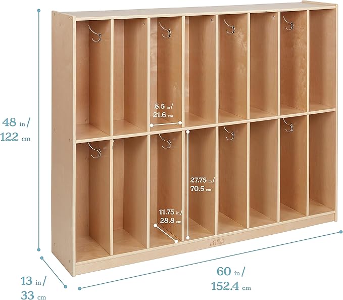 ECR4Kids 16-Section Coat Locker, Classroom Furniture, Natural