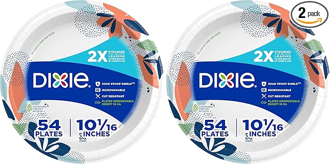 Dixie Large Paper Plates, 10 Inch, 2X Stronger*, Microwave-Safe, Soak-Proof, Cut Resistant, Disposable Plates for Everyday Breakfast, Lunch, & Dinner Meals, 54 Count (Pack of 2)