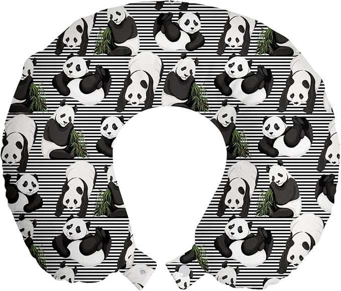 Ambesonne Tropical Travel Pillow Neck Rest, Funny Panda Bears and Exotic Leaves on Minimalist Stripes Modern, Memory Foam Traveling Accessory for Airplane and Car, 12", Dark Blue Grey and White