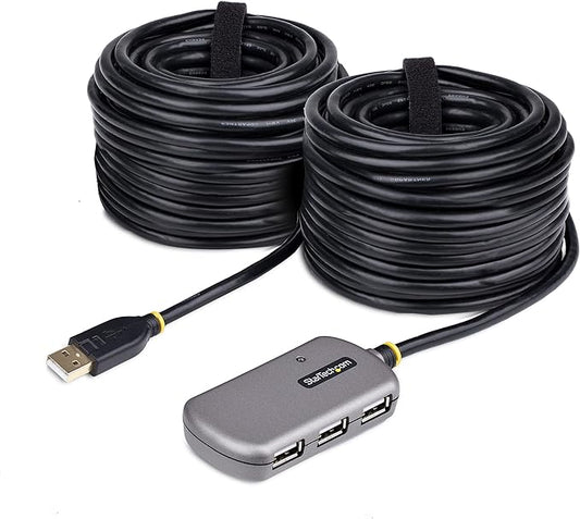 StarTech.com USB Extender Hub, 24m USB 2.0 Extension Cable with 4-Port USB-A Hub, Active/Bus Powered USB Repeater Cable, Optional 10W Power Supply Incl., Level 4 ESD Protection, TAA