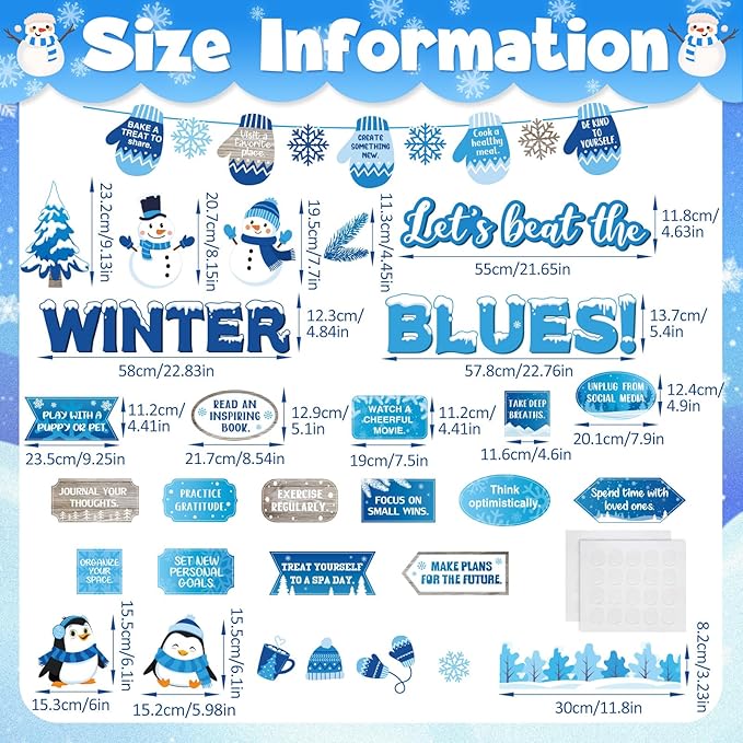 Honoson 68 Pcs Winter Bulletin Board Decorations Set Winter Mental Health Classroom Decor Snowman Snowflake Motivational Cutouts for January Xmas Holiday Party School Office Home Wall Door Supplies