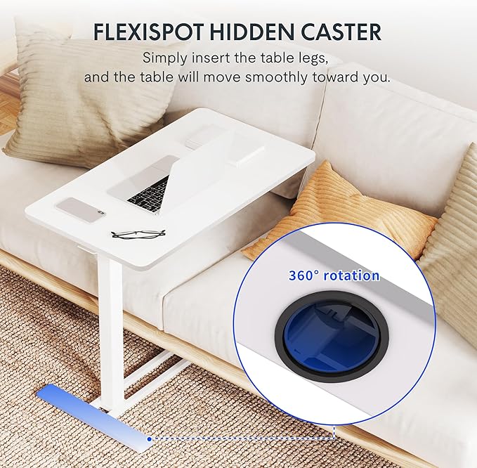 FLEXISPOT Adjustable C Table with Wheels, Mobile Snack Side End Table Sofa Couch Bedside Table Laptop Rolling Cart TV Tray Night Stand Small Space Side Table,(31.5" W x 17.7" D,White)