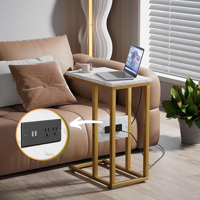 VECELO C Shaped End Table with Charging Station & Power Outlets, Quick Access Side Table for Sofa, C Bedside for Living Room Bedroom 2 Set,Gold