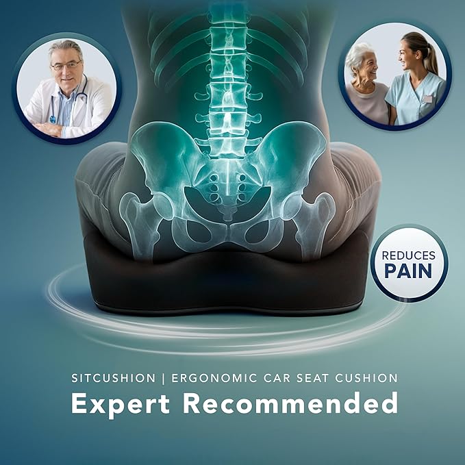 Car Seat Cushion for Long Driving – X Large Memory Foam Seat Cushion for Sciatica & Tailbone Pain Relief, Orthopedic Coccyx Cushion with Non-Slip Bottom, Back Pillow for Car, Truck (Black)