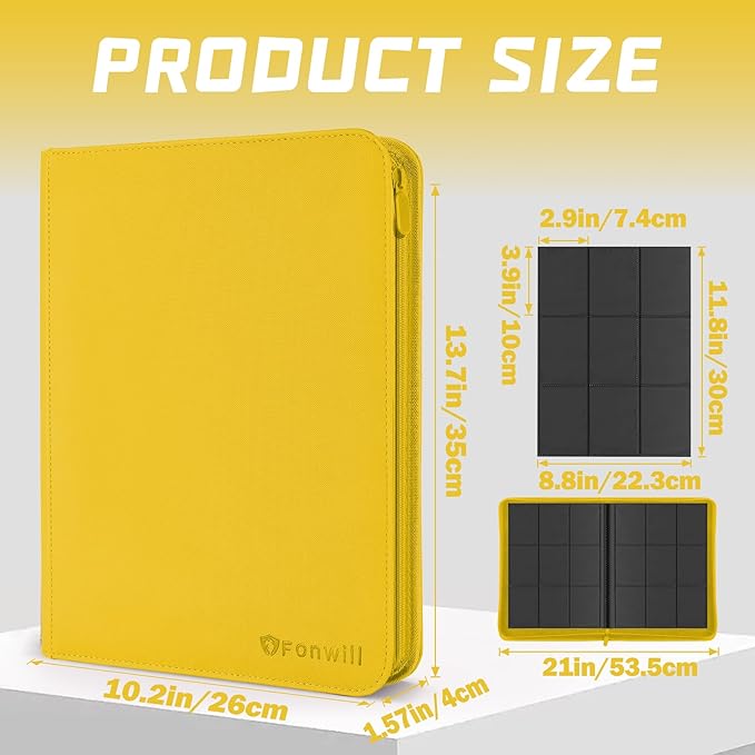 9 Pocket Card Binder, Premium Zip Trading Card Binder, 360 Double Sided Pocket PU Collection Binder, Collector Album, Card Folder for MTG, TCG, Sports Cards, (Yellow)