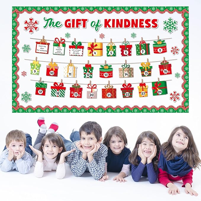 Christmas Bulletin Board Set Christmas Kindness Classroom Decoration Winter Snowflake Cutouts Xmas Countdown Gift Box Bulletin Board for Holiday School Chalkboard Xmas Party Wall Door Decor Supplies