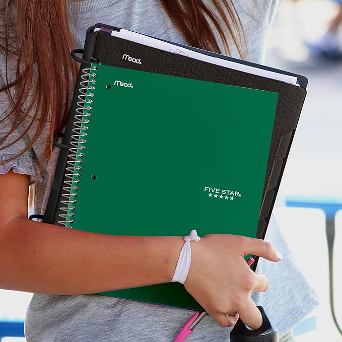 Five Star Spiral Notebook + Study App, 3 Subject, Wide Ruled Paper, 8" x 10-1/2", 150 Sheets, Fights Ink Bleed, Water Resistant Cover, Forest Green (73176)