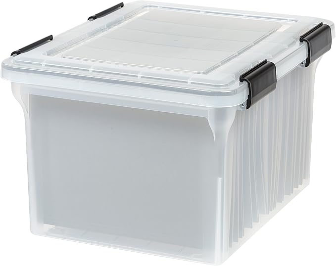 IRIS USA File Box WeatherPro File Organizer Plastic File Box for Letter/Legal File, Water Resistant Document Box, Durable Lid, Seal w/Secure Latching Buckles, Stackable, Nestable, Clear 32 Qt. 1 Pack