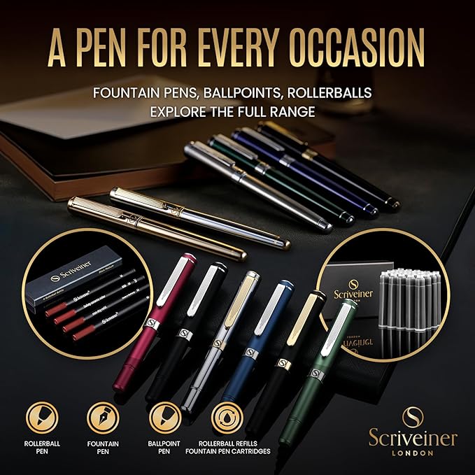Scriveiner Luxury Fountain Pen - Stunning Black Lacquer Pen, Real Gold Finish, Schmidt Gilded Nib (Broad), Converter, Best Pen Gift Set for Men & Women, Professional, Executive, Office, Nice Pens