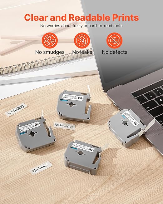 VEVOR Label Maker Tape, 4 Pack, 0.47 in / 12 mm Black on White Label Cartridge Compatible for Various Types of Brother Labelers, Durable & Long-Lasting, Waterproof, Replacement for Letra Tag M-K231