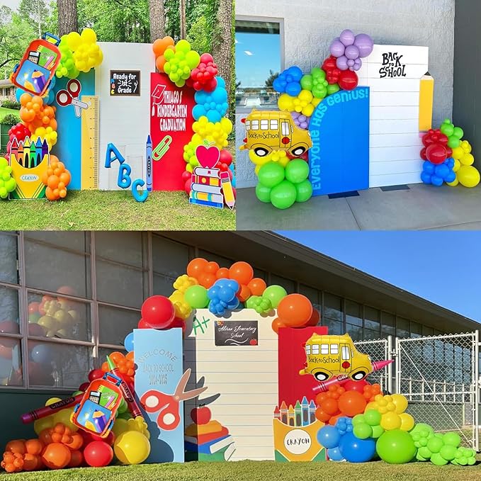Back to School Balloon Garland Arch Kit, 164pcs Rainbow Balloons with Schoolbag Bus Foil Balloon for Back to School Decorations Kindergarten Graduation First Day of Party Supplies