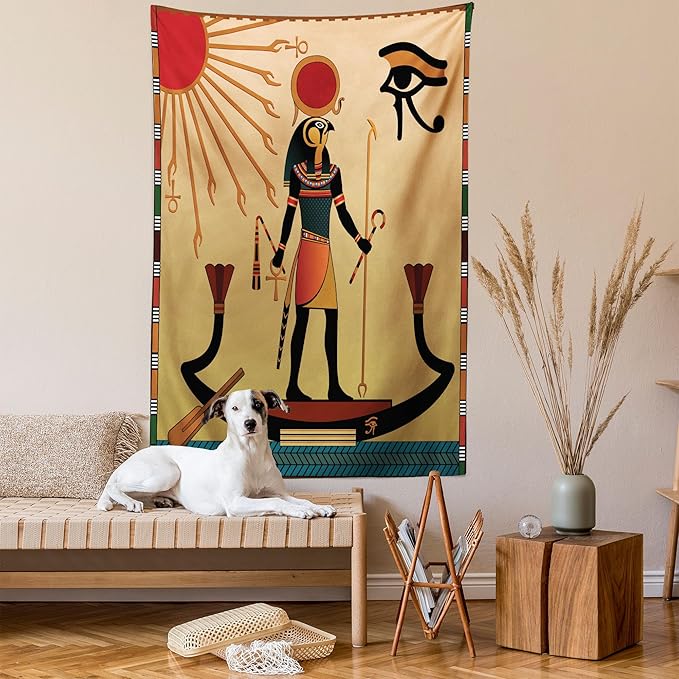Ambesonne Egyptian Print Tapestry, Sun Old Egyptian Timeless Grace Antique Tradition Illustration, Wall Hanging for Bedroom Living Room Dorm Decor, 60" X 80", Cream Red