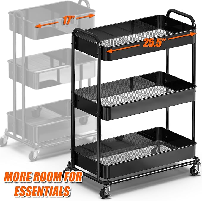 Simple Houseware 26" Extra-Wide 3-Tier Heavy Duty Service Cart, High-Capacity Metal Rolling Organizer for Spa, Salon, Office, and Home Storage, Black