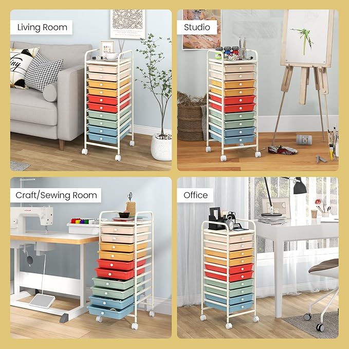 COSTWAY 10-Drawer Rolling Storage Cart, Utility Mobile Trolley with Removable Drawers & Universal Casters & 2 Brakes, Versatile Flexible Drawer Organizer Cart for Home, Office, Macaron