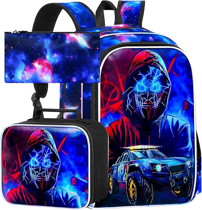 gxtvo 3PCS Boys Truck Backpack, 17" Kids Demon Bookbag with Lunch Box, Water Resistant Middle Elementary School Bag - Devil Man Truck