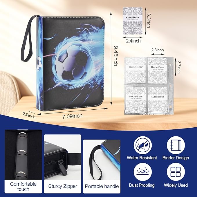 Card Binder – 400 Capacity, Zippered Trading Card Holder for MTG, Sports & Collectible Cards – Acid-Free, Durable & Travel-Friendly Storage (Blue Football, 4 Pocket)