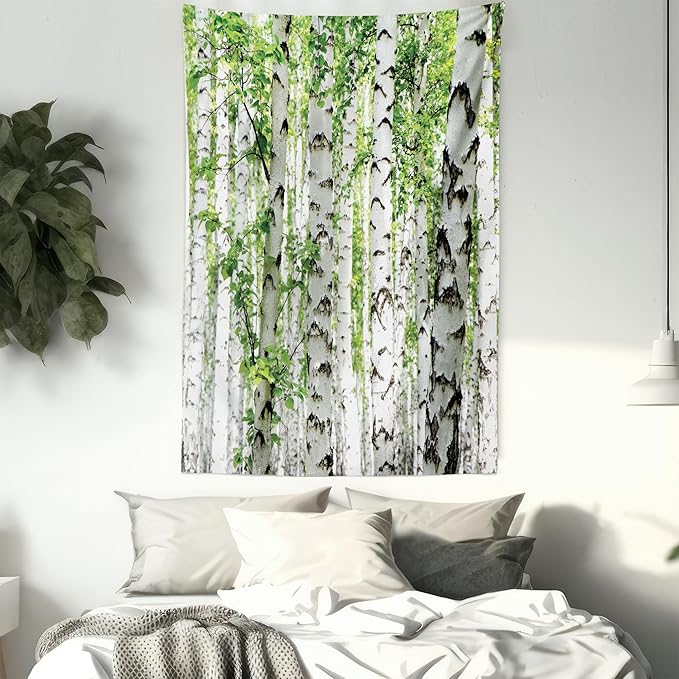 Ambesonne Woodland Tapestry, Birch Trees in The Forest Summertime Wildlife Nature Outdoors Themed Picture, Fabric Wall Hanging Decor for Bedroom Living Room Dorm, 30" X 45", White Green