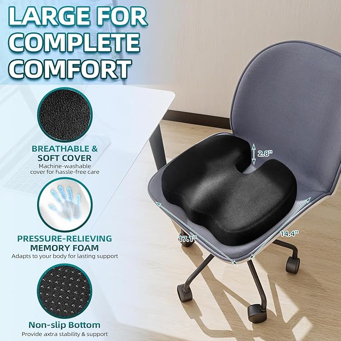 Seat Cushion for Office Chair Memory Foam Coccyx Pain Relief Cushion Pillow for Back Support Non-Slip Seat Pad for Office Desk (Black)