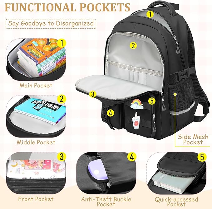 School Backpack for Girls - 5pcs Cute Girls Backpack with Lunch Box for Teens Kids Elementary Middle School - 17″ Students Bookbag Travel Back Pack for Age 6-18