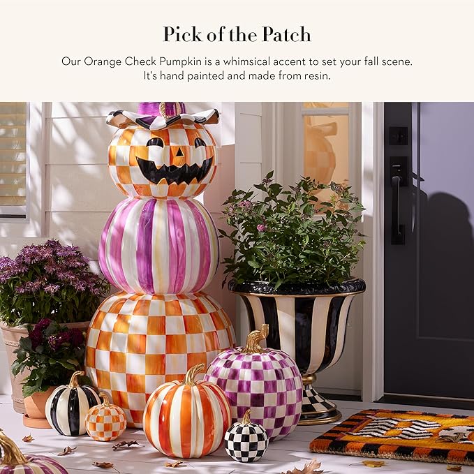 MACKENZIE-CHILDS Mini Pumpkin, Resin Halloween Home Decor, Orange-and-White Orange Check