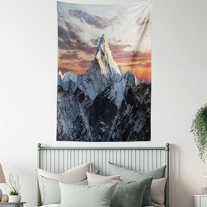 Ambesonne Mountain Tapestry Queen Size, Evening South High Hill Above the Sky Colorful Nepal Everest Photo, Wall Hanging Bedspread Bed Cover Wall Decor, 88" X 88", Bluegrey Salmon