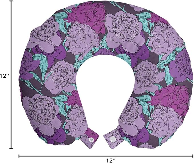 Ambesonne Peony Travel Pillow Neck Rest, Pastel Tone Delicate Peonies with Curled Leaves Vintage Style Tangled Arrangement, Memory Foam Traveling Accessory for Airplane and Car, 12", Purple Teal