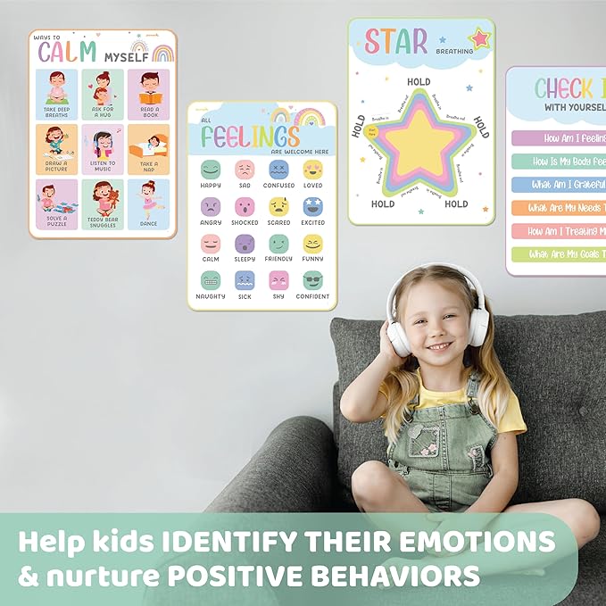 jackinthebox 12 Calming Corner Posters with Gold Foil Embedded Stars - 12 x 17 inches Laminated Classroom Decor Posters, Calm Down Corner Supplies, Emotions Charts for Kids, Easter Gifts for Kids.
