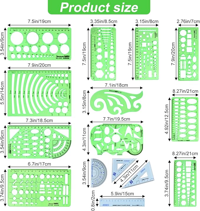 15PCS Geometric Drawings Templates, Measuring Geometry Rulers, Drafting Stencils Measuring Tools