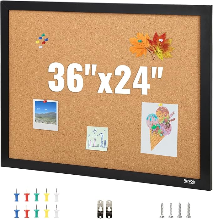 VEVOR Cork Board for Office, 36'' x 24'' Bulletin Board for Wall, Push Pin Board with Framed for Office Home and School