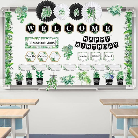 Kosiz Plant Classroom Decorations Sets Boho Greenery Bulletin Board Decor Included Welcome Banner Birthday Bulletin Board Class Jobs Chart for Eucalyptus Nature theme Back to School Classroom Decor