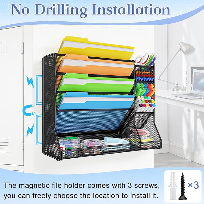 Magnetic File Organizer 5-Tier, No Drilling Installation, Office Magnetic Paper Holder with R-shaped Tray, Wall Hanging File Organizer, Mail Organizer for Refrigerator & Whiteboard & File Cabinet