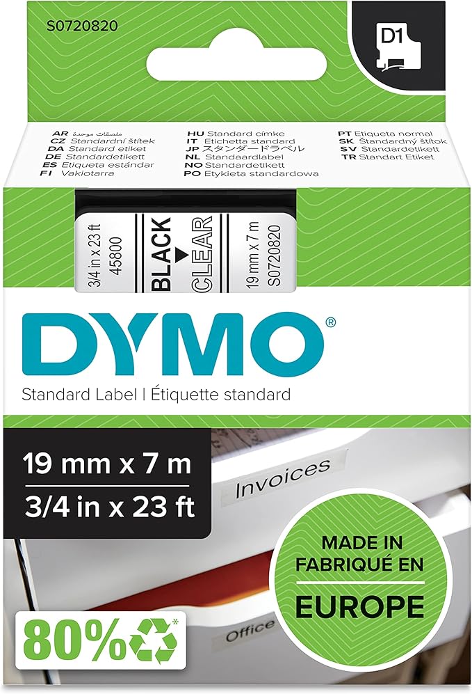 DYMO Authentic D1 Labels | Black Print on Clear Tape | 19 mm x 7 m | Self-Adhesive Labels for LabelManager Label Makers | Made in Europe