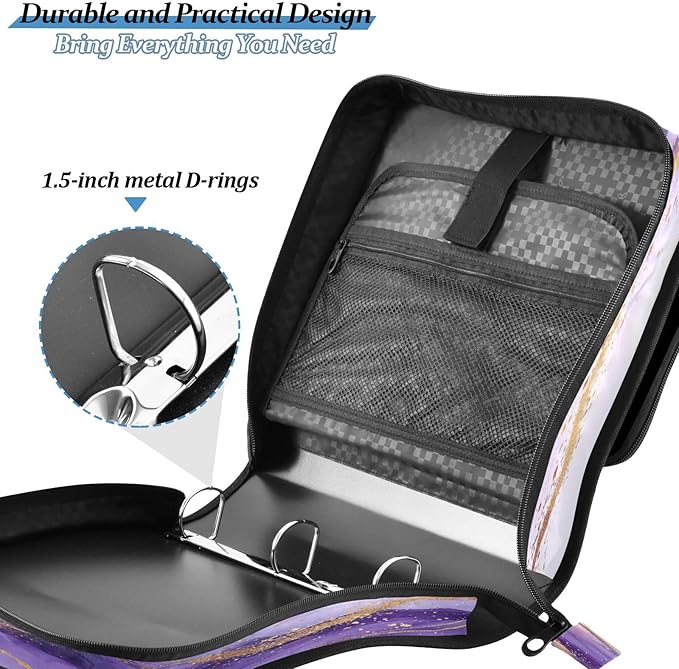 Purple Marble Waterproof Zipper Binder with Shoulder Strap, 3-Ring Trapper Keeper with Lay-Flat Design and Multiple Compartments for School & Office, Adults & Kids