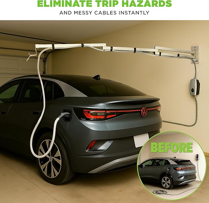 EV Charging Cable Holder - Extendable Arm Wall Mount for Electric Vehicle Charging Equipment - EV Charging Cable Organizer - EV Cable Holder - Made in USA - Black - 9-1/4' - No Holster