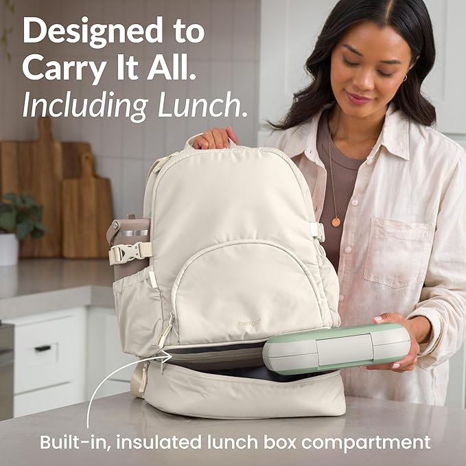 Bentgo 2-in-1 Adult Backpack & Insulated Lunch Bag – Lightweight, Water-Resistant Travel Backpack with 9 Compartments, Laptop Sleeve & Trolley Sleeve for Work & Everyday Use (Bone)