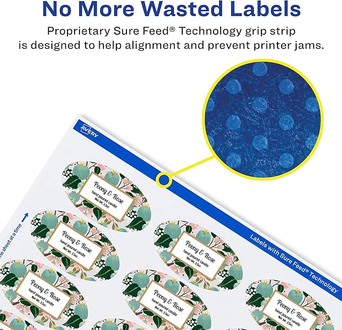 Avery Glossy White Oval Labels, Sure Feed Technology, 1" x 2", 2,400 Glossy White Labels, Print-to-The-Edge, Permanent Adhesive, Laser/Inkjet Printable