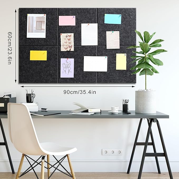 Large Cork Board 36" x 24", 6 Pack Felt Bulletin Board with 30 Pushpins, Cork Boards Alternative with Self-Adhesive Strips, Felt Wall Tiles Pin Boards for Walls Office Home School Decor-Dark Gray