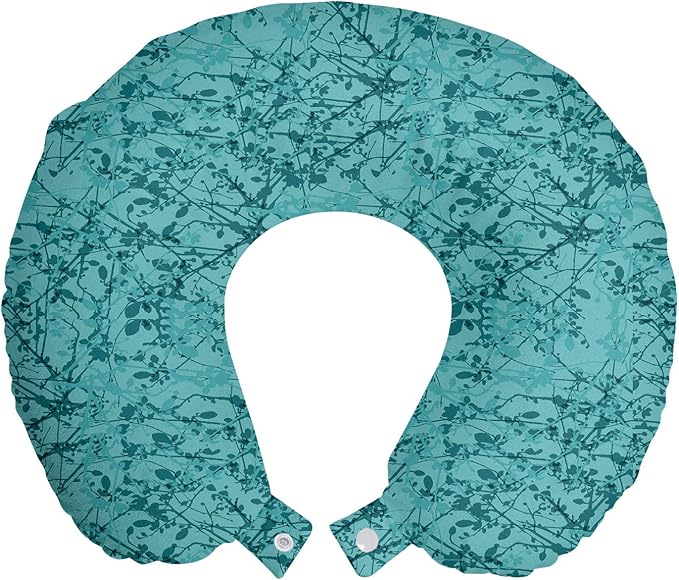 Ambesonne Teal Travel Pillow Neck Rest, Ink Drawing Inspired Intertwined Tree Branches Buds and Leaves in Abstract Design, Memory Foam Traveling Accessory for Airplane and Car, 12", Turquoise Teal