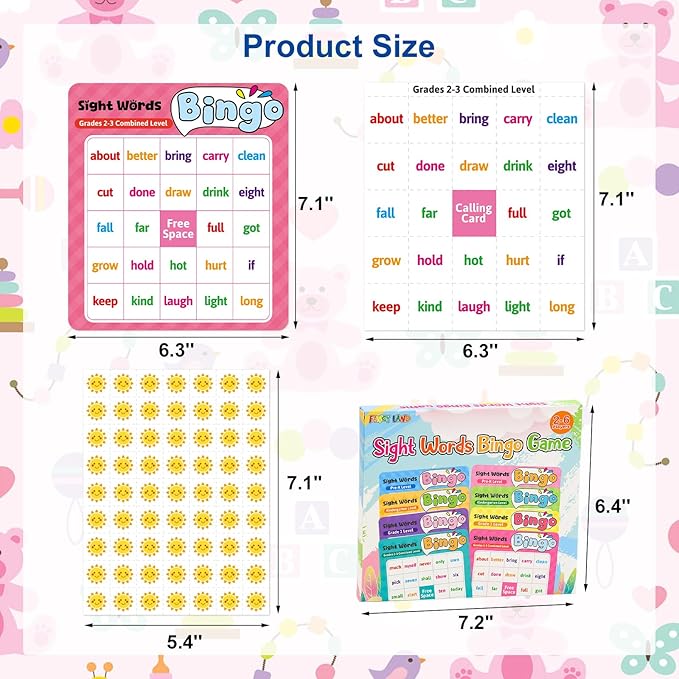 Fancy Land Sight Word Bingo Game Kids Adults Dolch's & Fry's Words Lists Bingo Set for Pre-k to 3rd Grade Educational Games Home Classroom Activities Supplies