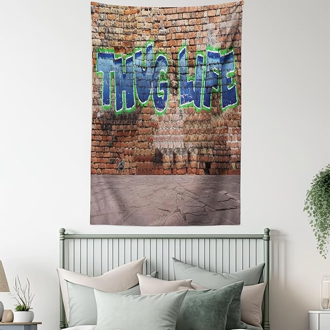 Ambesonne Thug Life Tapestry Twin Size, Graffiti Style Words on a Brick Wall Street Urban Art Hip Hop Rap Culture Theme, Wall Hanging Bedspread Bed Cover Wall Decor, 68" X 88", Brown Blue
