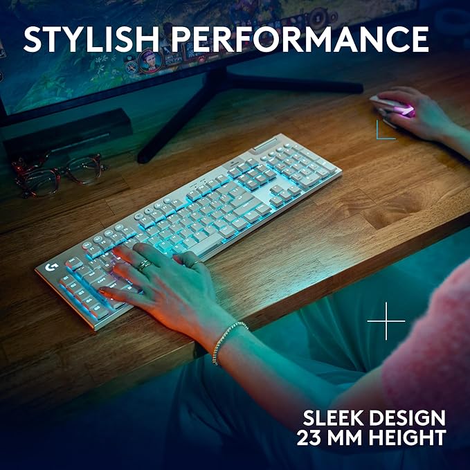 Logitech G915 X Lightspeed Low-Profile Wireless Gaming Keyboard, Double-Shot PBT Keycaps, Fully Programmable Keys, RGB Backlighting, Sleek Aluminum Finishing, GL Brown Tactile Switches-PC/Mac - White