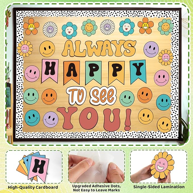 63 Pcs Groovy Bulletin Board Decorations Set Retro Smiley Face Classroom Decor with Black Dots Border Trims for Back to School Classroom Wall Door Decor