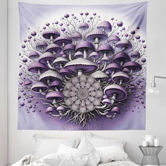 Ambesonne Purple Tapestry Queen Size, Abstract Psychedelic Mushrooms Branching with a Universe Mandala Pastel Backdrop, Wall Hanging Bedspread Bed Cover Wall Decor, 88" X 88", Lilac Violet