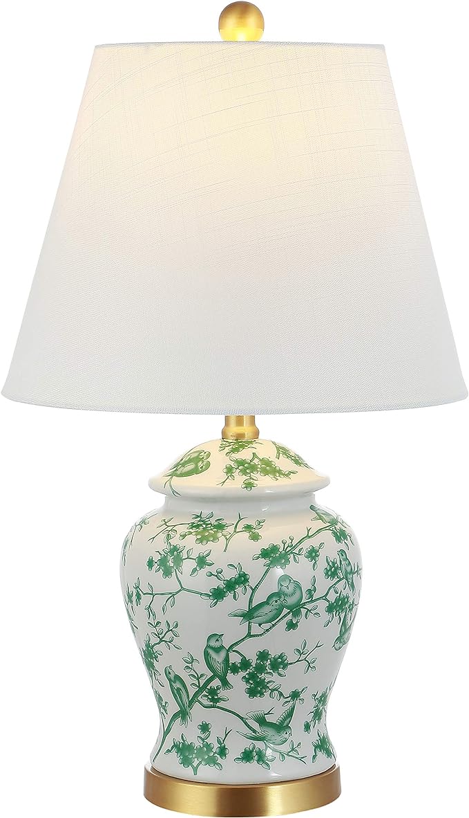 JONATHAN Y 22" White/Green Ceramic Table Lamp, French Country Chinoiserie Ginger Jar LED Bedside Lamp for Living Room Bedroom, White Linen Shade (JYL3005B)