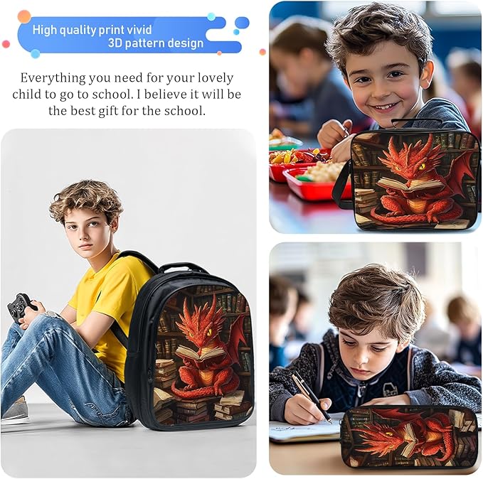 Dragon Backpack Set 3 Piece School Bags and Lunch Box with Pencil Case Funny Dragon Reading Bookbag Set for Toddler Kids Girls Boys Teens Kindergarten Elementary Middle